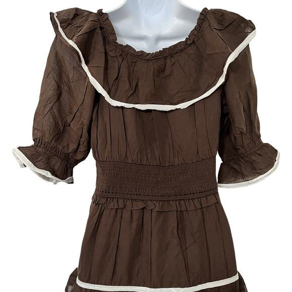 Anthropologie Puff Sleeve Tiered Maxi Dress Size S Brown Smocked Prairie NEW - Picture 6 of 9